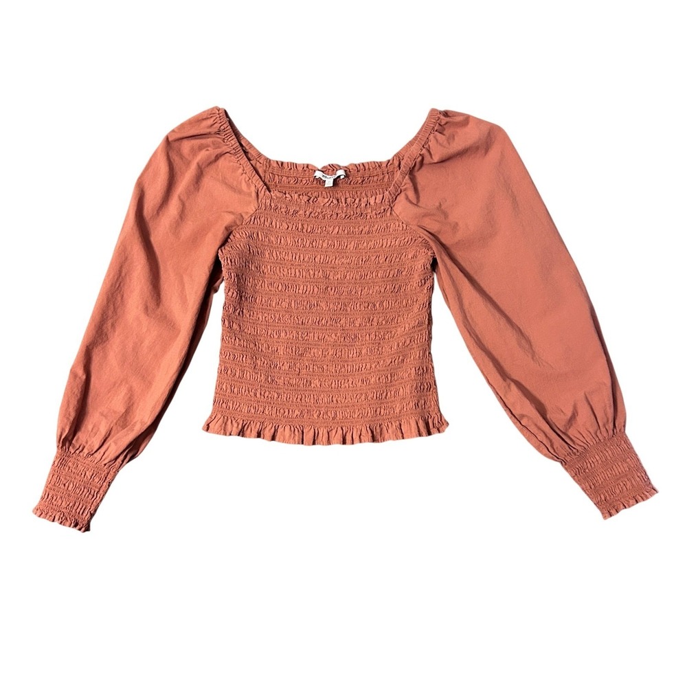 Madewell Lucie Smocked Top Womens XS Umber Terracotta Puff Sleeve Square Neck